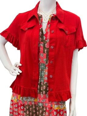 SlimSation Red Linen-blend Button-up Frayed Short Sleeves & Ruffled Hem Size M